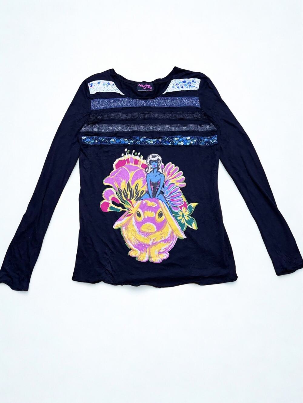 Vtg 90s CustoLine Custo Barcelona Black Mixed Fabric Bunny Print Thermal Top